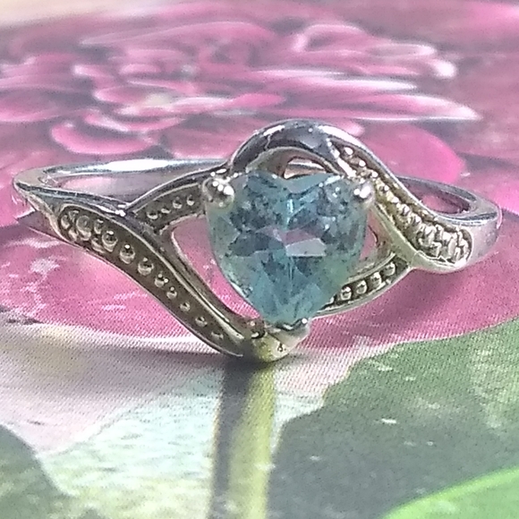 💙 Gorgeous Aquamarine Heart Sterling Silver Ring / Vintage sz 8 - Picture 3 of 7